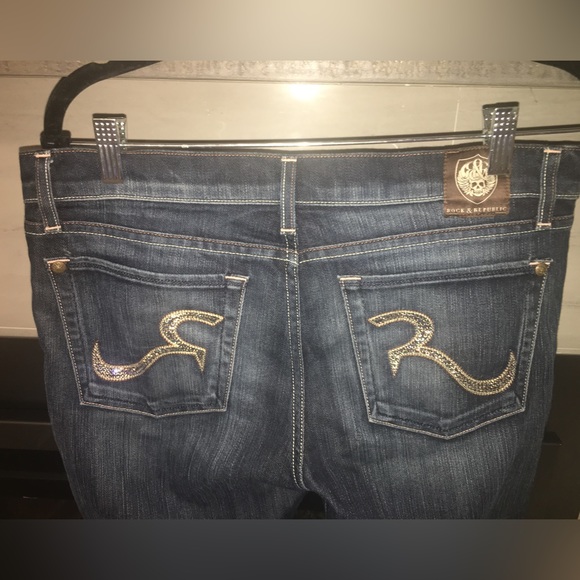 Rock & Republic Size 30 Dark Denim Blue Jeans with Rhinestones. - Picture 6 of 14